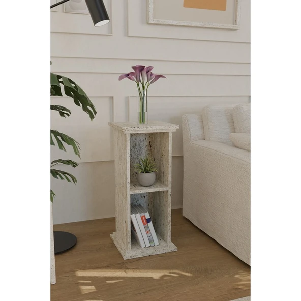 Estoria Home Terra Traverten Desen Efes Sütun Tasarım Yan Sehpa Kitaplık Modern Yan Sehpa Çok Amaçlı Raflı Sehpa ürün görseli 1