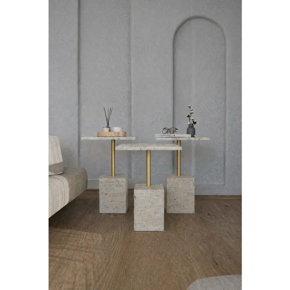 Estoria Home Gold Altın  Ayak Traverten Desen Terra 3'lü Zigon Sehpa Yan Sehpa Servis Sehpası Ahşap Bej Gövde Orta Sehpa ürün görseli 1