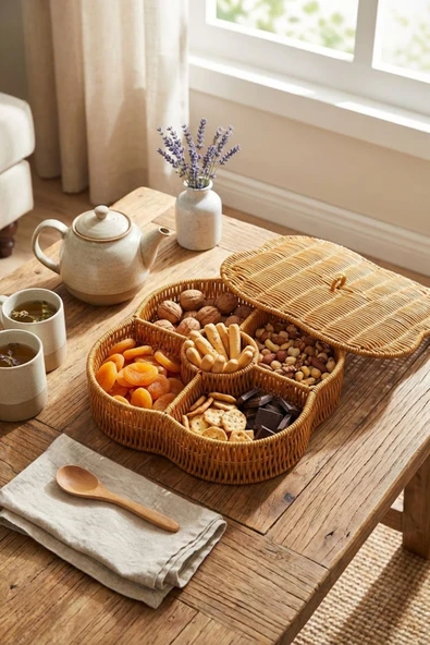 Kapaklı 5 Bölmeli Plastik Rattan Organizer Kutu – Hasır Desenli Çok Amaçlı Saklama ve Sunum ürün görseli 1