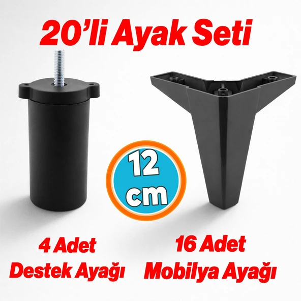 20'li Set Mobilya Tv Ünitesi Çekyat Koltuk Kanepe Destek Ayağı 12 Cm Siyah Baza Ayakları M8 İnce Diş ürün görseli 1
