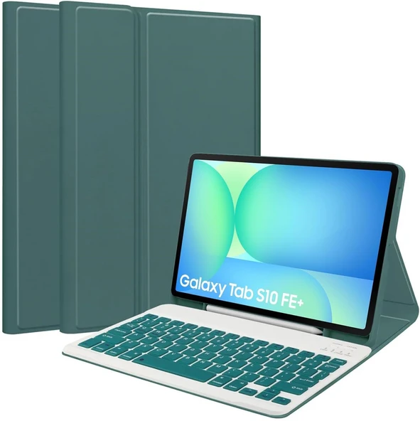 Samsung Galaxy Tab S10 Fe Plus 13.1 Klavyeli Kılıf Q Türkçe Kalem Bölmeli Bluetooth Özellik Standlı  YEŞİL ürün görseli 1