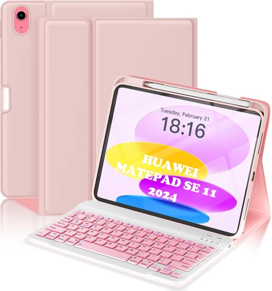Huawei Matepad SE 11 Inç 2024 Klavyeli Kılıf Q Türkçe Kalem Bölmeli Bluetooth Özellik Standlı  PEMBE ürün görseli 1