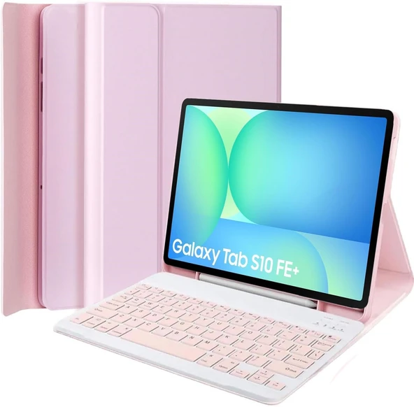 Samsung Galaxy Tab S10 Fe Plus 13.1 Klavyeli Kılıf Q Türkçe Kalem Bölmeli Bluetooth Özellik Standlı  PEMBE ürün görseli 1