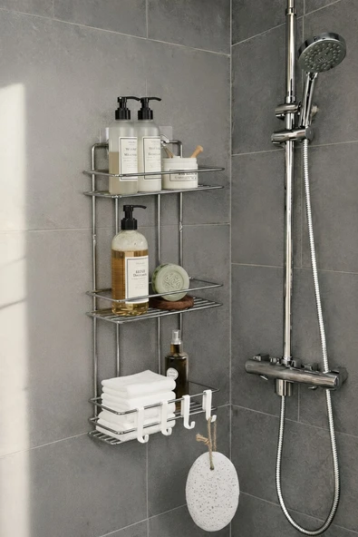 Krom 3 Katlı Banyo Rafı Şampuanlık Ve Duş Rafı Askılı Yapışkanlı Duvara Monte TŞ-03 ürün görseli 1
