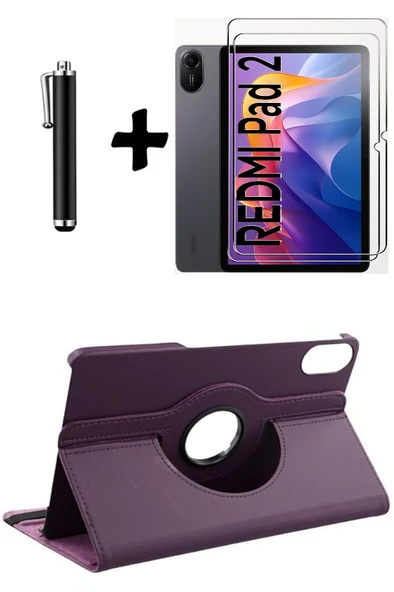 Xiaomi Redmi Pad 2 11 Inç 2025 360° Dönebilen Standlı Tablet Kılıfı Ekran Koruyucu ve Kalem Seti   MOR ürün görseli 1