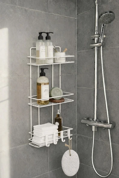 Beyaz 3 Katlı Banyo Rafı Şampuanlık Ve Duş Rafı Askılı Yapışkanlı Duvara Monte TŞ-03 ürün görseli 1