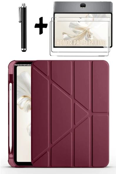 Honor Pad 9 12.1 İnç Uyumlu Kalem Bölmeli Standlı Silikon Kılıf + Ekran Koruyucu + Kalem 3'lü Set  Mürdüm ürün görseli 1