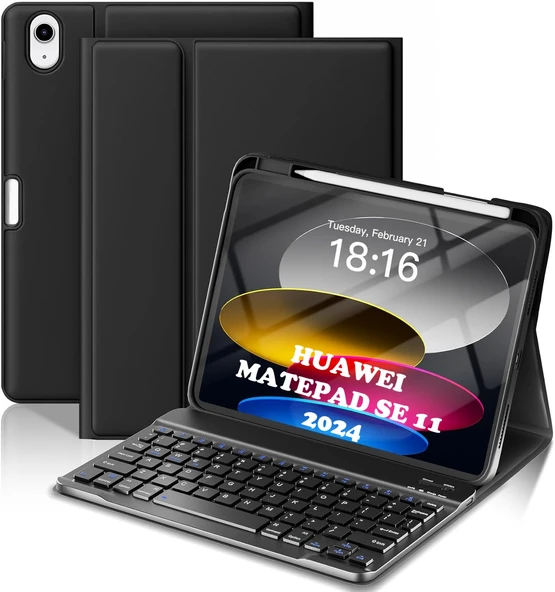 Huawei Matepad SE 11 Inç 2024 Klavyeli Kılıf Q Türkçe Kalem Bölmeli Bluetooth Özellik Standlı  SİYAH ürün görseli 1