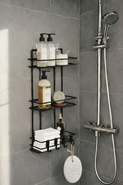 Siyah 3 Katlı Banyo Rafı Şampuanlık Ve Duş Rafı Askılı Yapışkanlı Duvara Monte TŞ-03 ürün görseli 1