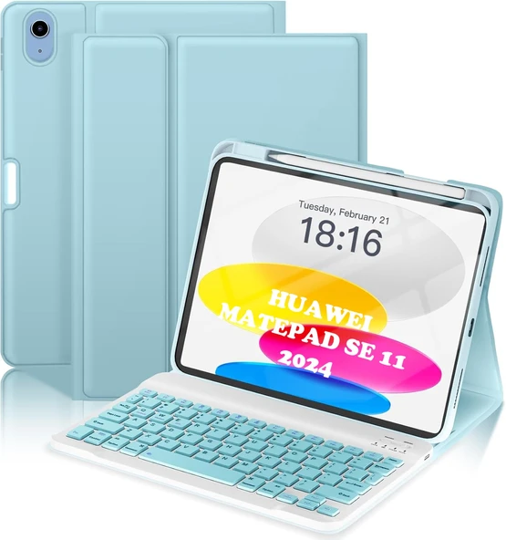 Huawei Matepad SE 11 Inç 2024 Klavyeli Kılıf Q Türkçe Kalem Bölmeli Bluetooth Özellik Standlı  MAVİ ürün görseli 1