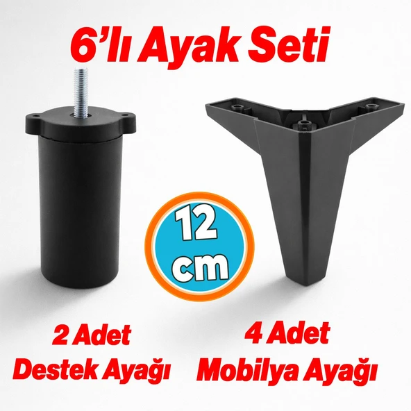 6'lı Set Mobilya Tv Ünitesi Çekyat Koltuk Kanepe Destek Ayağı 12 Cm Siyah Baza Ayakları M8 İnce Diş ürün görseli 1