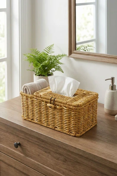 ® Bölmeli Kapaklı Doğal Rattan Görünümlü Hasır Makyaj, Takı ve Havlu Düzenleyici – Peçetelikli ürün görseli 1