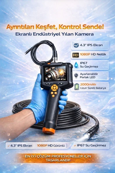 5 Metre Endüstriyel Endoskop 4.3 inç IPS ekran Yılan kamera  IP67 su geçirmez Kamera ürün görseli 1