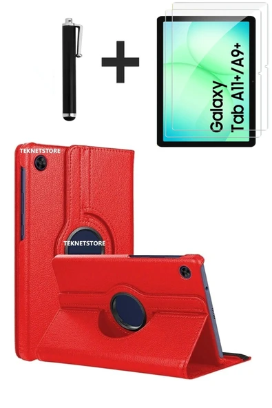 Samsung Galaxy Tab A11 Plus 2025 Kılıf Ekran Koruyucu Kalem Seti 360 Dönebilen Kapak Ön Arka Koruma  Kırmızı ürün görseli 1