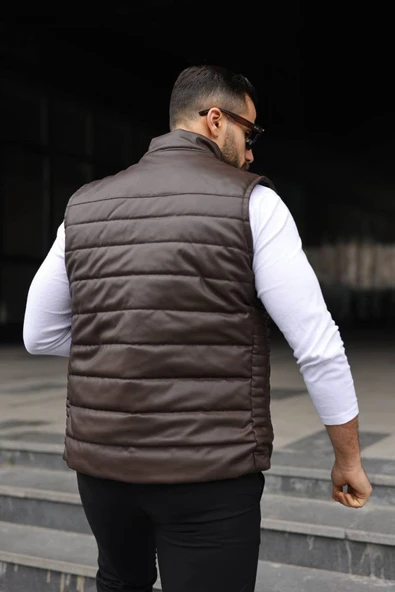 Basic Slim Fit Deri Yelek - Resim 8