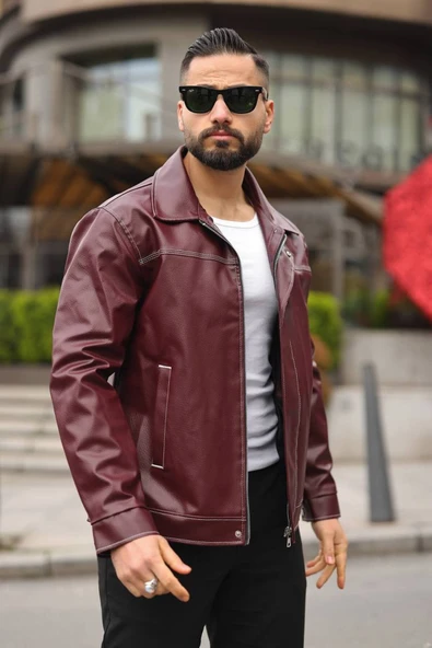 Erkek Dikiş Detaylı Retro Deri Ceket - Resim 5