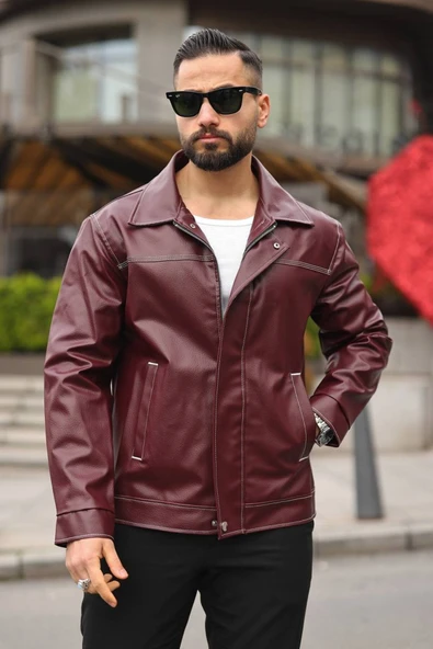 Erkek Dikiş Detaylı Retro Deri Ceket - Resim 4