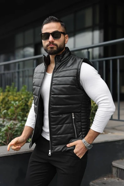 Basic Slim Fit Deri Yelek ürün görseli 1