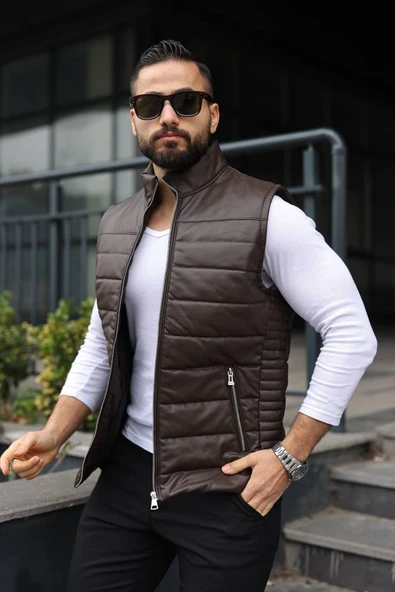 Basic Slim Fit Deri Yelek - Resim 5