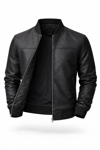 Premium Slim Fit Bomber Kolej Deri Ceket - Resim 2