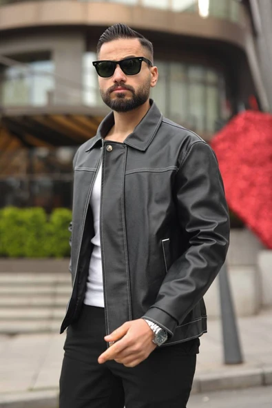 Erkek Dikiş Detaylı Retro Deri Ceket - Resim 11