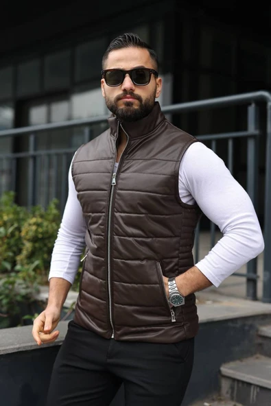 Basic Slim Fit Deri Yelek - Resim 7