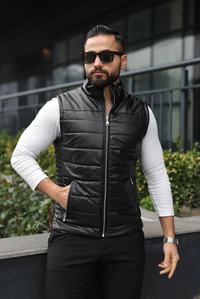 Basic Slim Fit Deri Yelek - Resim 4