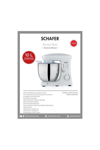SCHAFER PROCHEF MAXİ STAND MİKSER 10L BEYAZ - Resim 2