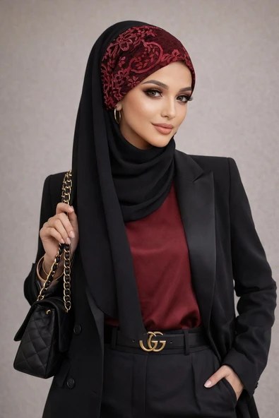 Siyah Kırmızı Bandana Hazır Abiye Şal ürün görseli 1