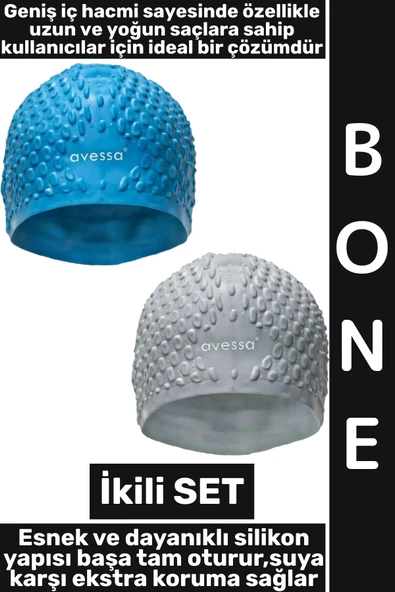 #Bone Yumuşak Elastik Silikon Havuz Deniz Yüzme Kulağa Su Kaçırmaz Büyük Beden Saç Bonesi İkili SET ürün görseli 1