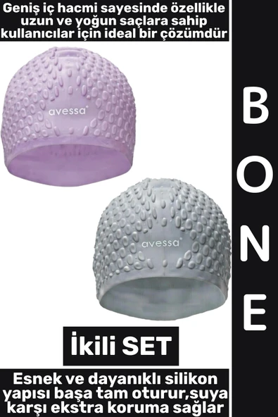 #Bone Yumuşak Elastik Silikon Havuz Deniz Yüzme Kulağa Su Kaçırmaz Büyük Beden Saç Bonesi İkili SET ürün görseli 1