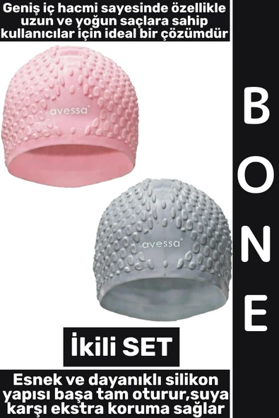 #Bone Yumuşak Elastik Silikon Havuz Deniz Yüzme Kulağa Su Kaçırmaz Büyük Beden Saç Bonesi İkili SET ürün görseli 1