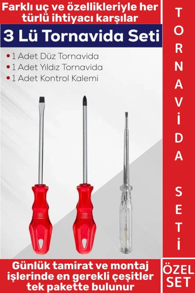 #TornavidaSeti Dayanıklı Ev Atölye Tamirat Montaj Düz Yıldız Kontrol Kalemi 3 Parça Tornavida Seti ürün görseli 1