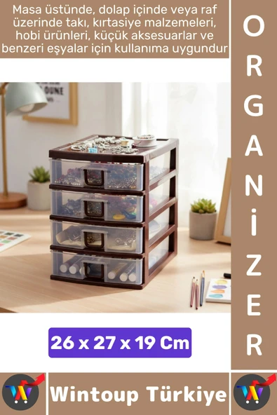 #TakıOrganizer Dayanıklı Plastik Masa Üstü Dolap Raf Küçük Eşya 4 Çekmeceli Komidin Mini Organizer ürün görseli 1