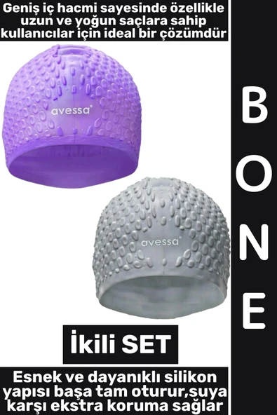 #Bone Yumuşak Elastik Silikon Havuz Deniz Yüzme Kulağa Su Kaçırmaz Büyük Beden Saç Bonesi İkili SET ürün görseli 1