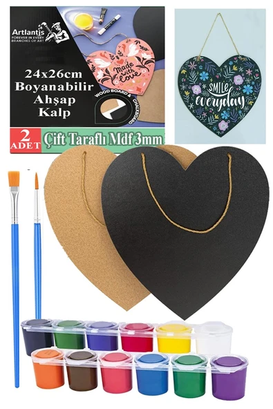 Boyanabilir Çift Taraflı Kalp Mdf 2 Li ve 12 Renk Akrilik Boya 1 Paket Kalp Tabela Kapı Duvar Yazı Süsleme Dekoratif ürün görseli 1