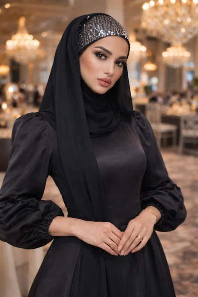Siyah Gümüş Payetli Bandana Abiye Şal ürün görseli 1