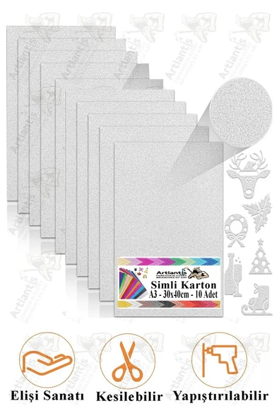 Gümüş Gri Simli Karton A3 30x40 cm 10 lu 1 Paket Simli Fon Kartonu Parıltılı Kağıt Anasınıfı Kreş Etkinlik Proje ürün görseli 1