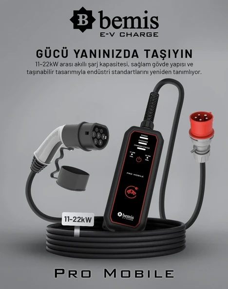 Bemis Pro Mobile 11-22KW - 8 Metre -Elektrikli Araç Taşınabilir Şarj Cihazı - Çanta ve Dönüştürücü Hediye ürün görseli 1