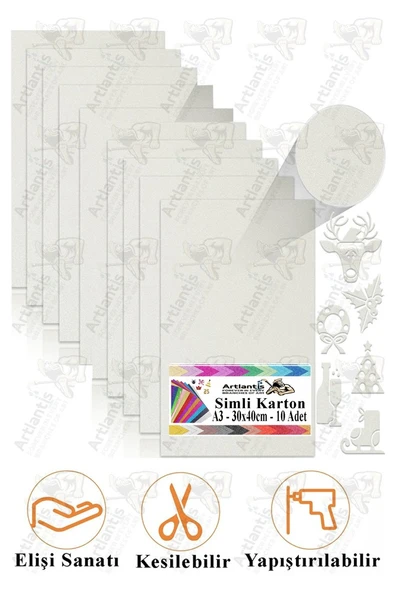 Beyaz Simli Karton A3 30x40 cm 10 lu 1 Paket Simli Fon Kartonu Parıltılı Kağıt Anasınıfı Kreş Etkinlik Proje ürün görseli 1