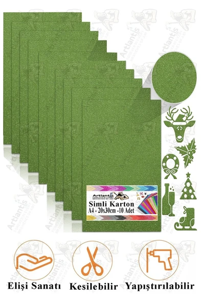 Yeşil Simli Karton A3 30x40 cm 10 lu 1 Paket Simli Fon Kartonu Parıltılı Kağıt Anasınıfı Kreş Etkinlik Proje ürün görseli 1