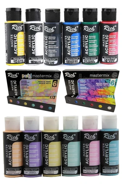 Rich Mastermix Akrilik Boya 12 Renk 60 ml 1 Paket Pastel ve Ana Renkler Akrilik Boya 12 li Profesyonel Tuval Canvas ürün görseli 1