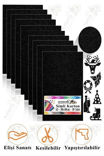 Siyah Simli Karton A3 30x40 cm 10 lu 1 Paket Simli Fon Kartonu Parıltılı Kağıt Anasınıfı Kreş Etkinlik Proje ürün görseli 1