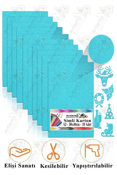 Açık Mavi Simli Karton A3 30x40 cm 10 lu 1 Paket Simli Fon Kartonu Parıltılı Kağıt Anasınıfı Kreş Etkinlik Proje ürün görseli 1
