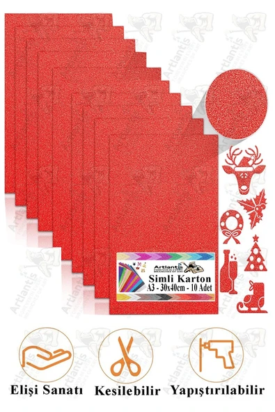 Kırmızı Simli Karton A3 30x40 cm 10 lu 1 Paket Simli Fon Kartonu Parıltılı Kağıt Anasınıfı Kreş Etkinlik Proje ürün görseli 1