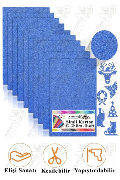 Mavi Simli Karton A3 30x40 cm 10 lu 1 Paket Simli Fon Kartonu Parıltılı Kağıt Anasınıfı Kreş Etkinlik Proje ürün görseli 1