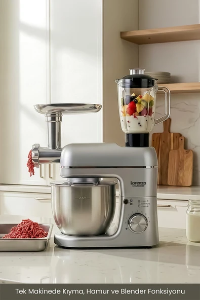 LORENZO MULTICHEF 3 İN 1 HAMUR YOĞURMA BLENDER ET KIYMA MAKİNESİ SİLVER ürün görseli 1