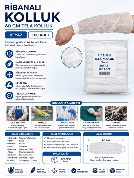 Ribanalı 60 Cm Tela Kolluk Beyaz 100 Adet ürün görseli 1