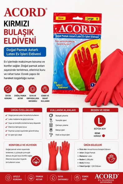Acord Kırmızı Bulaşık Eldiveni L Beden ürün görseli 1
