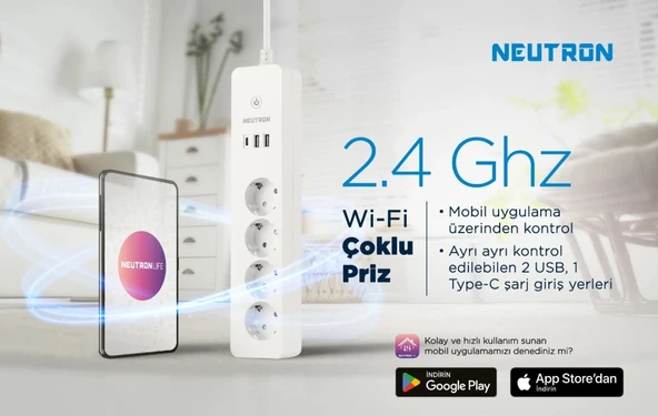 Neutron NTL-SW07 Akıllı Priz Wi-Fi Destekli 4'lü Akım Korumalı Priz 2 USB 1 Type C Girişi Her Priz Ayrı Ayrı Kontrol ürün görseli 1